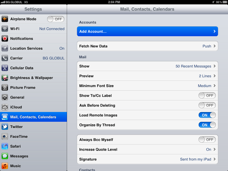 Mail, Contacts, Calendars -> Add Account