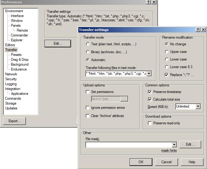 WinSCP settings