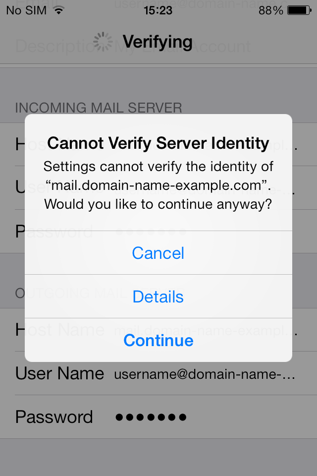 Натиснете Cancel на предупреждението Cannot Verify Server Identity