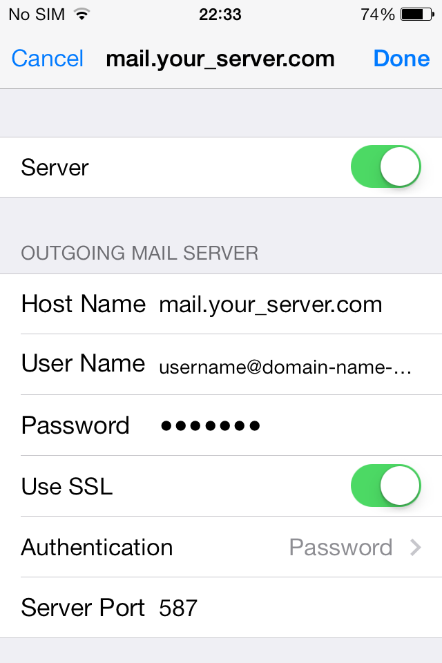 Уверете се, че Use SSL настройката е включена и че Server Port е 587