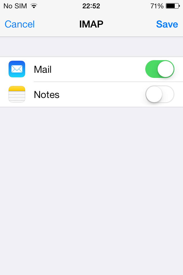Уверете се, че настройката Mail е включена, а Notes - не