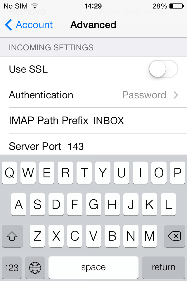 Уверете се, че Use SSL настройката е изключена и че Server Port е 143