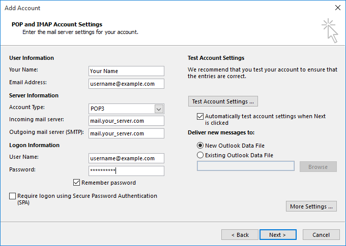 adding an account to outlook 2016