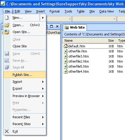 File -> Publish Site