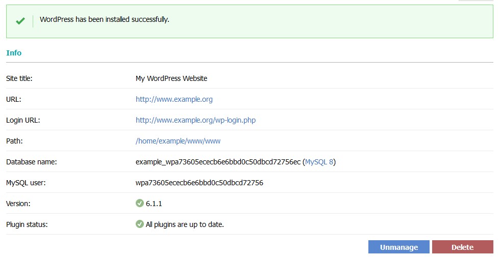 WordPress installed successfully