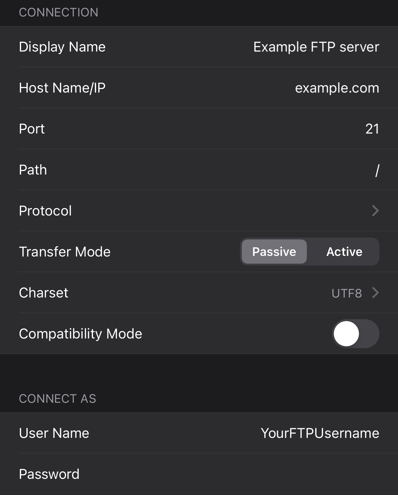 FTPManager > Connection Settings