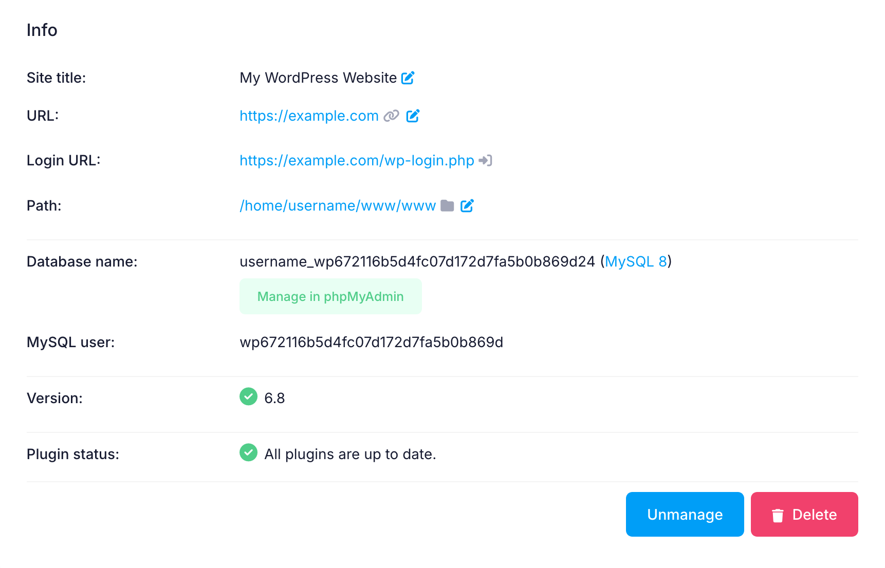 WordPress Manager site info