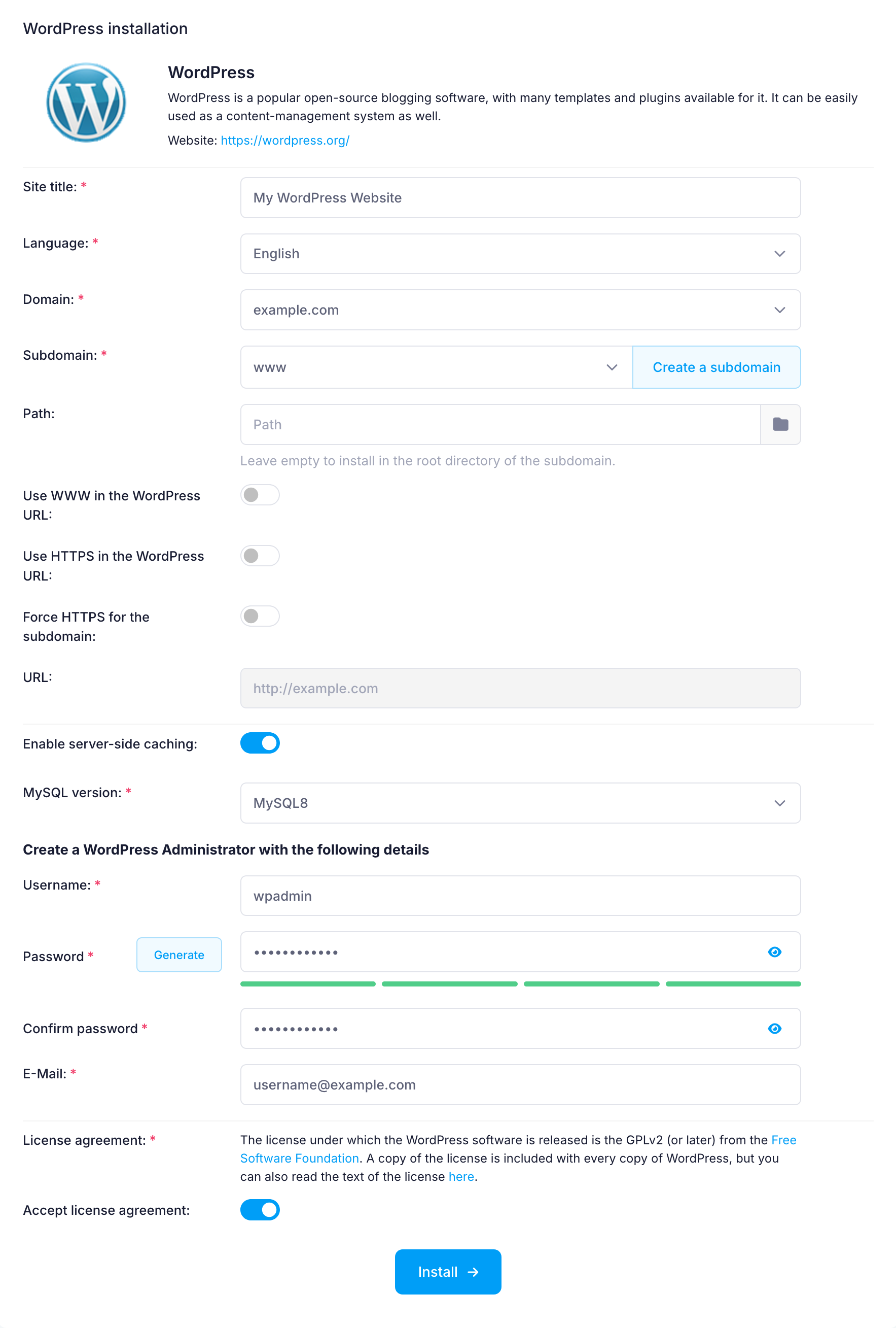 Installing WordPress with one click
