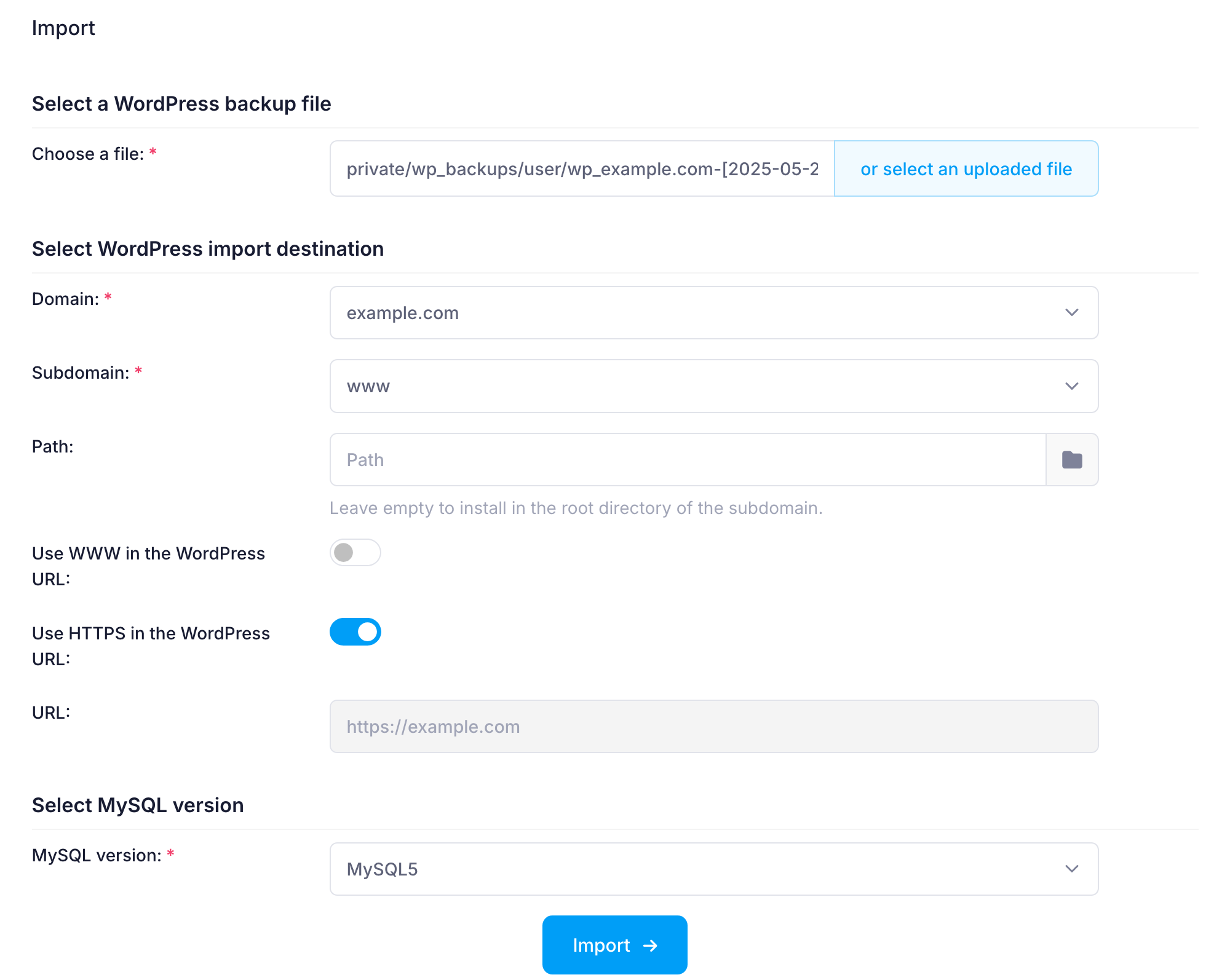 WordPress import backup