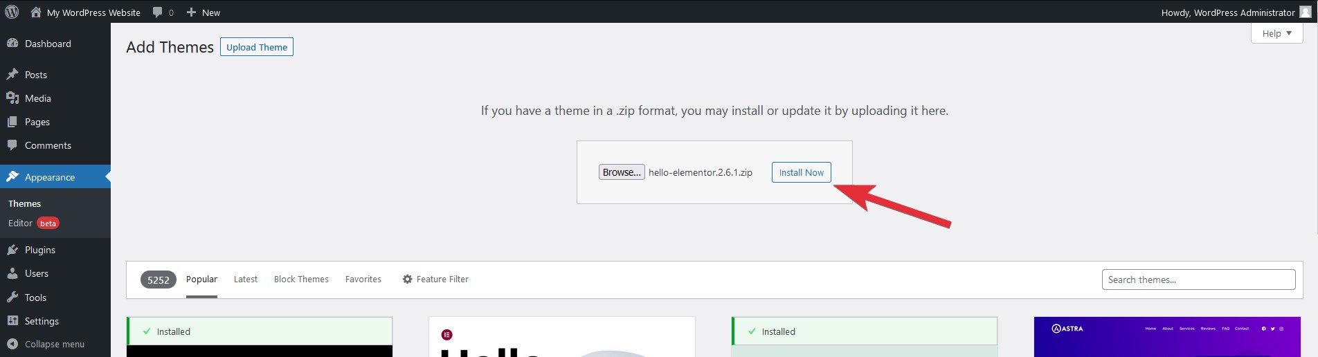 Install uploaded WordPress theme