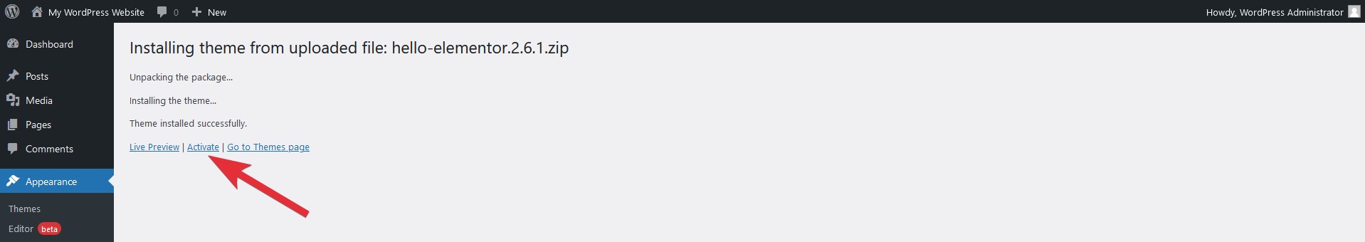 Actiate uploaded WordPress theme