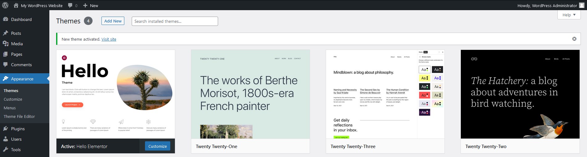 New WordPress theme activated