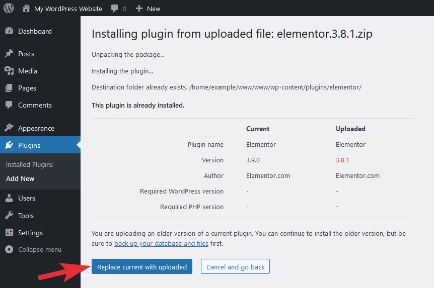 Downgrade WordPress plugin