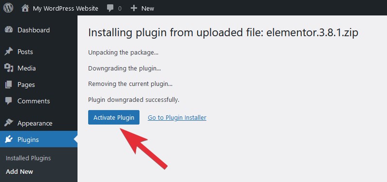Activate downgraded WordPress plugin