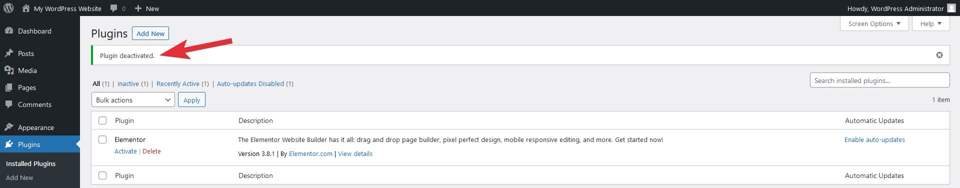 WordPress plugin deactivated