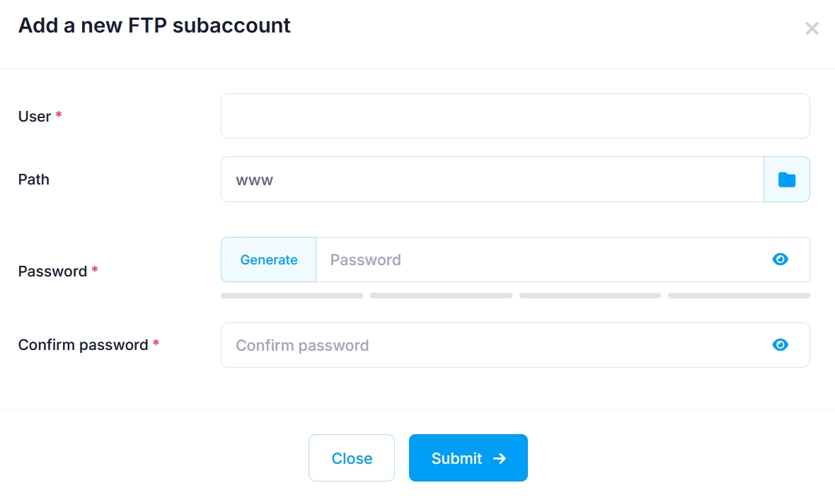 Add a new FTP subaccount