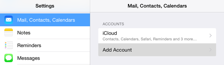 Натиснете Mail, Contacts, Calendars