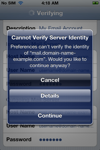 Натиснете Cancel на предупреждението Cannot Verify Server Identity