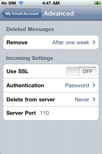 Уверете се, че Use SSL настройката е изключена (OFF), и че Server Port е 110