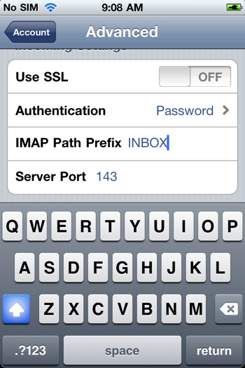 Уверете се, че Use SSL настройката е изключена (OFF) и че Server Port е 143