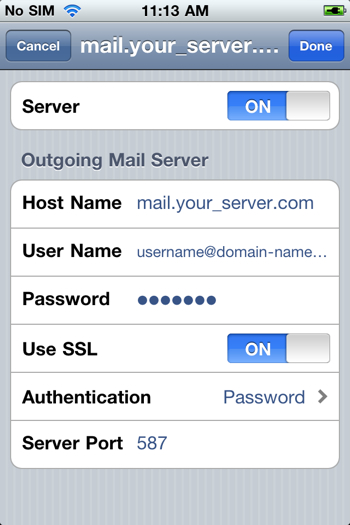 Уверете се, че Use SSL настройката е включена (ON) и че Server Port е 587