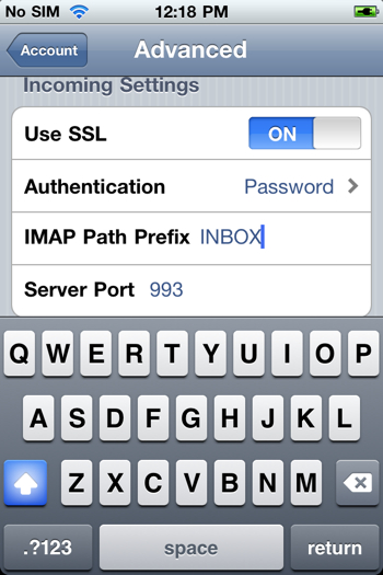Make sure that Use SSL is set to ON, and that the Server Port is 993; type INBOX for IMAP Path Prefix